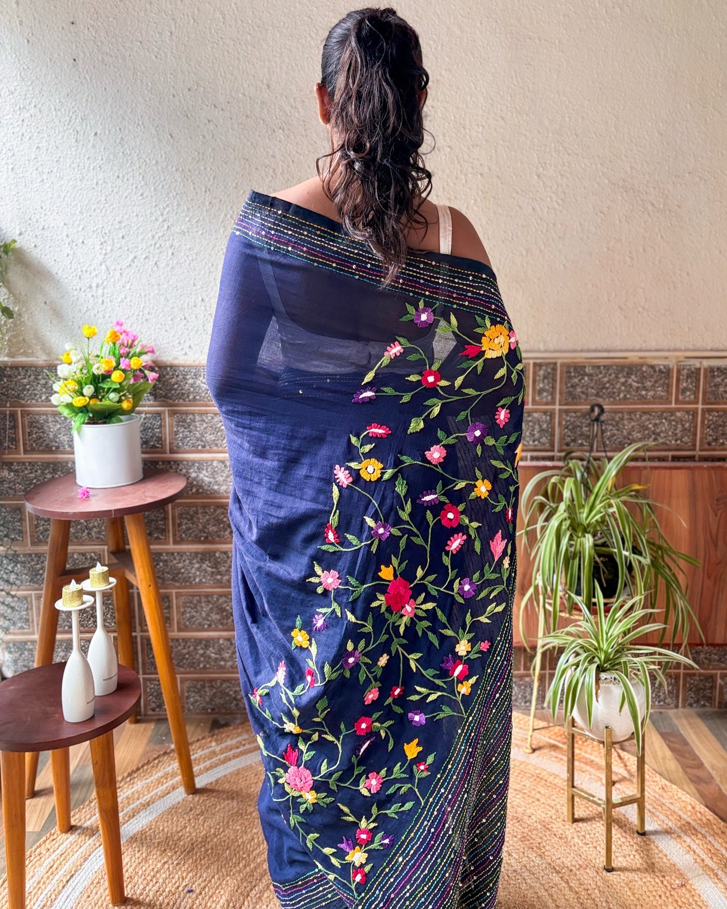 Soft and Comfortable navy mulmul cotton saree with thread work 
