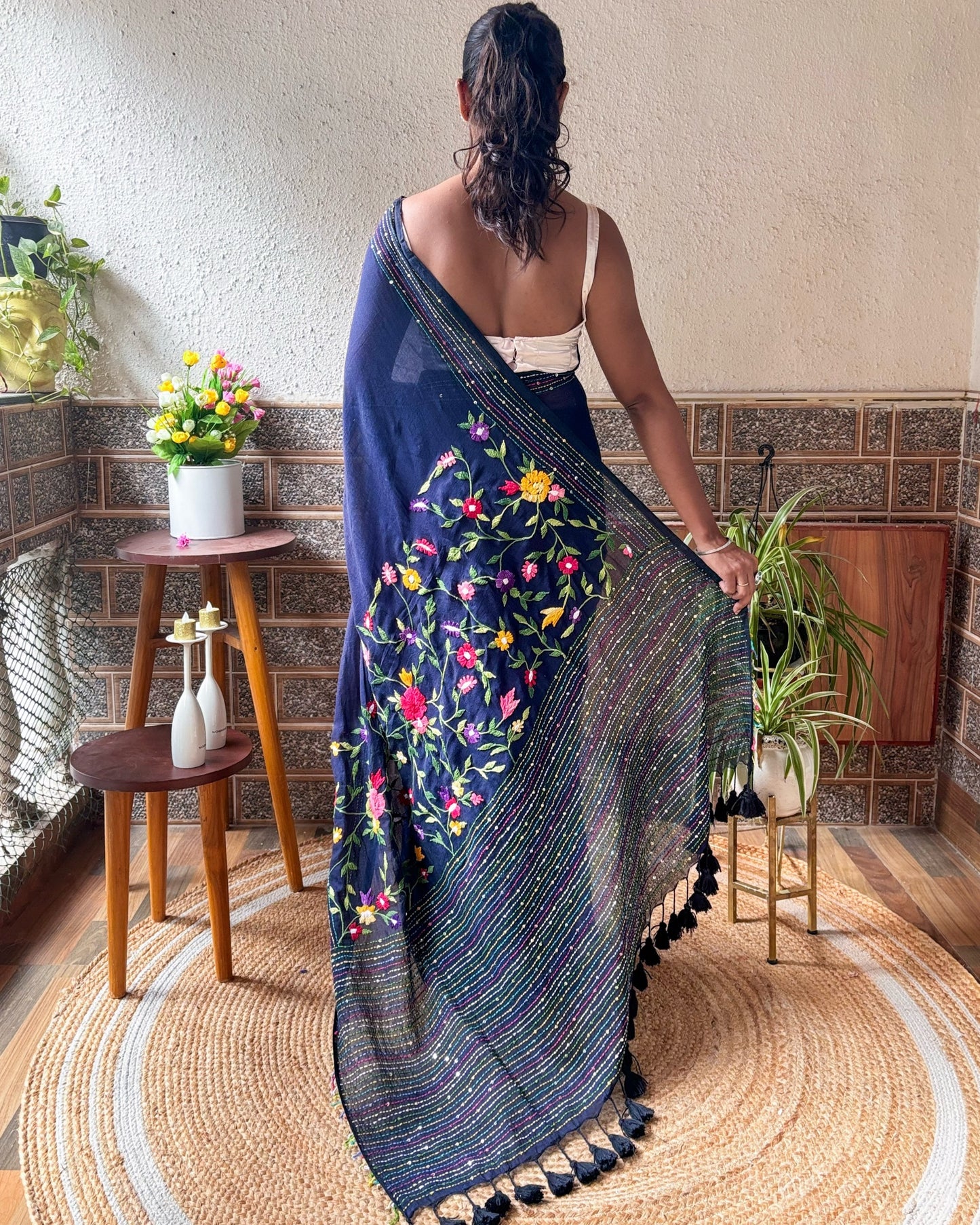 Soft and Comfortable navy mulmul cotton saree with thread work 