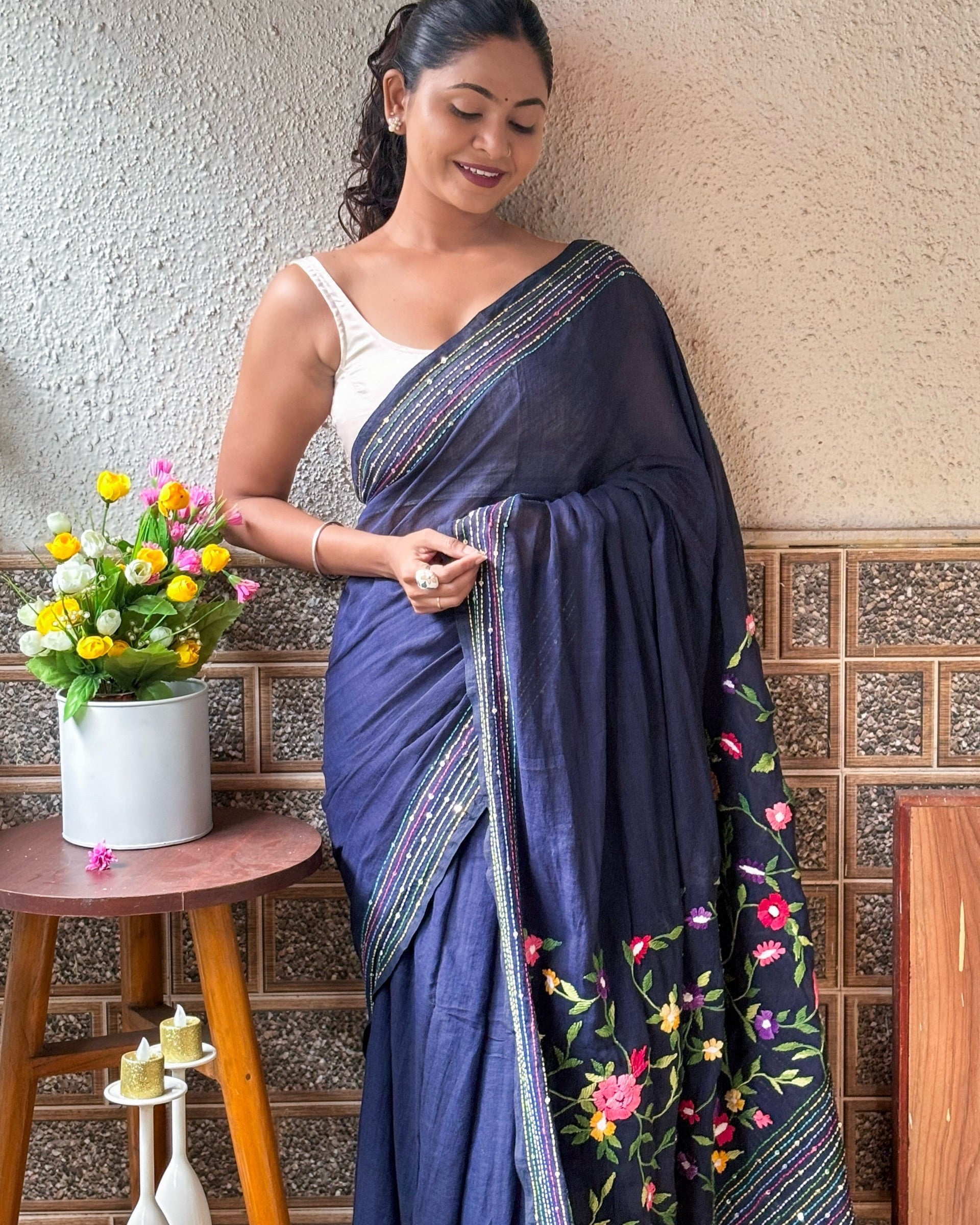 Soft and Comfortable navy mulmul cotton saree with thread work 