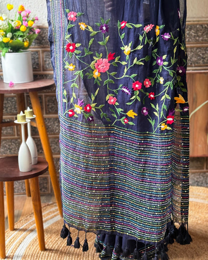 Soft and Comfortable navy mulmul cotton saree with thread work 