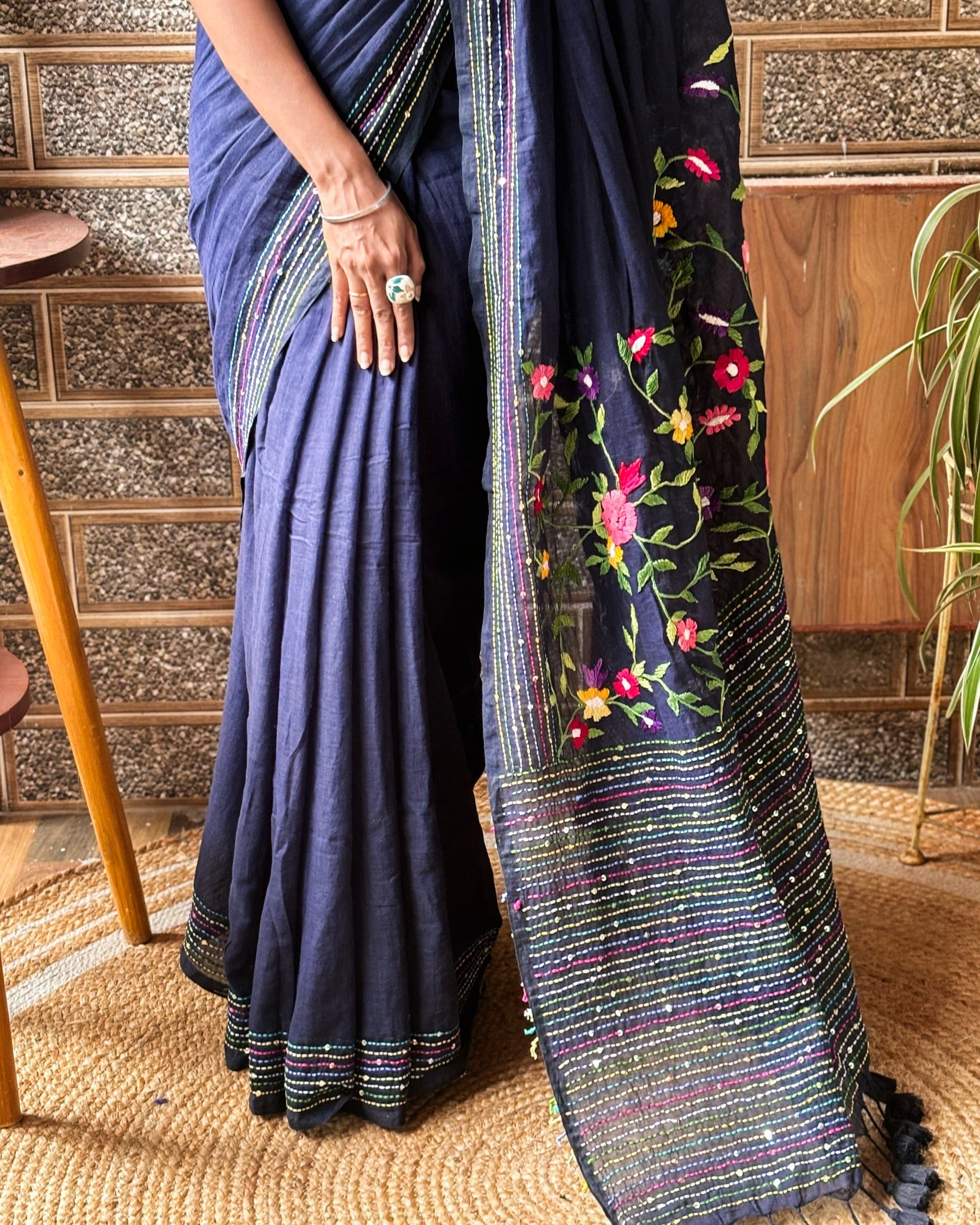 Soft and Comfortable navy mulmul cotton saree with thread work 