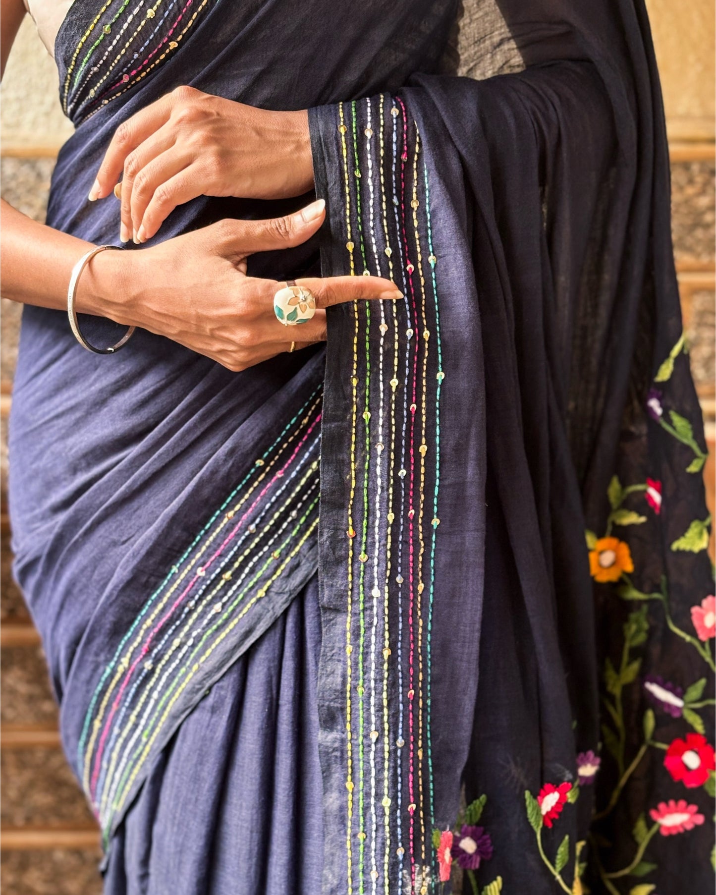 Soft and Comfortable navy mulmul cotton saree with thread work 