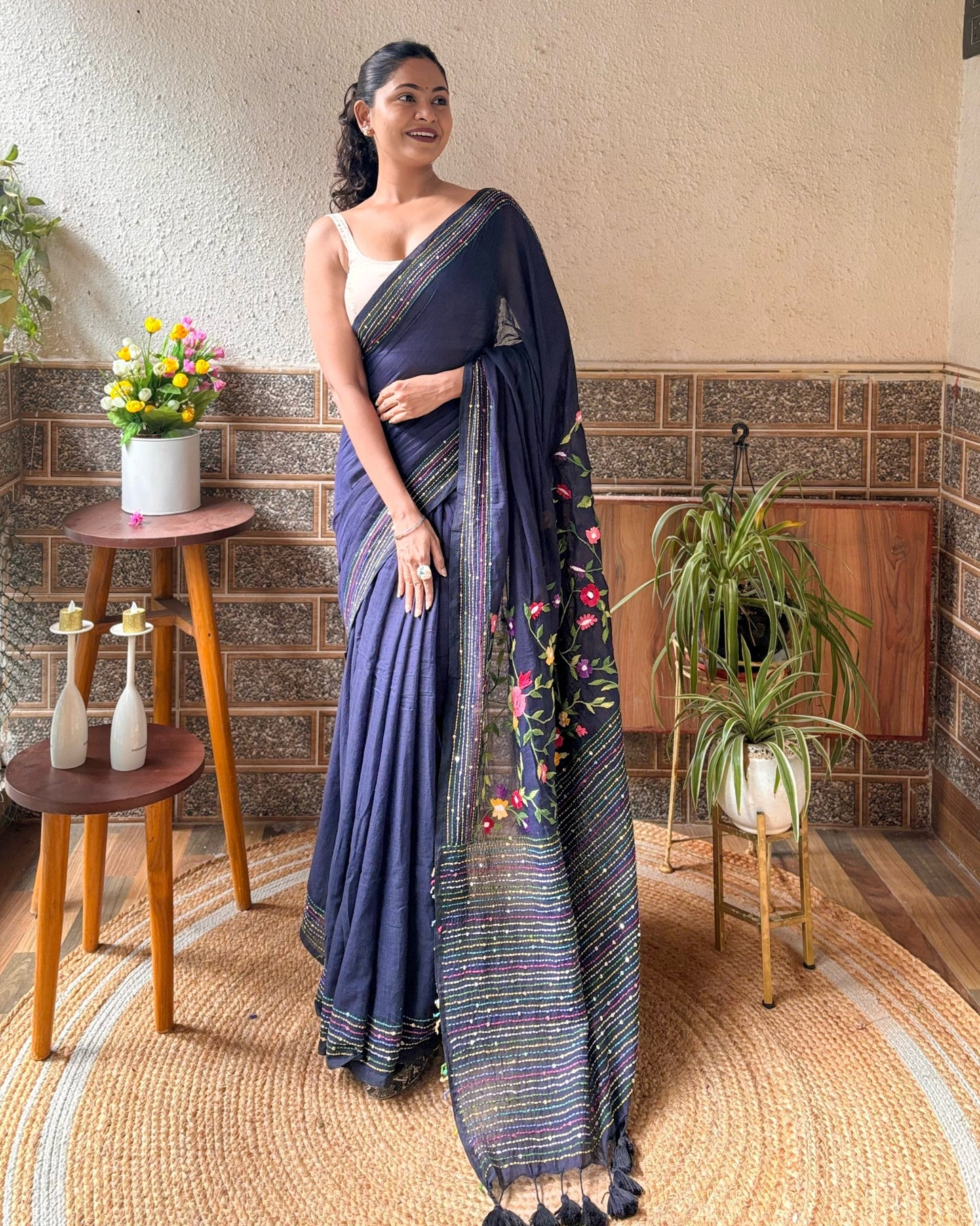 Soft and Comfortable navy mulmul cotton saree with thread work 