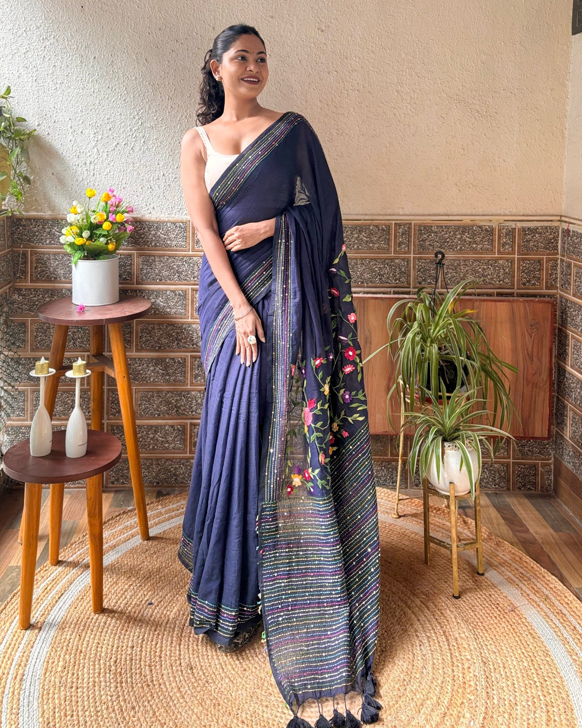 Soft and Comfortable navy mulmul cotton saree with thread work 