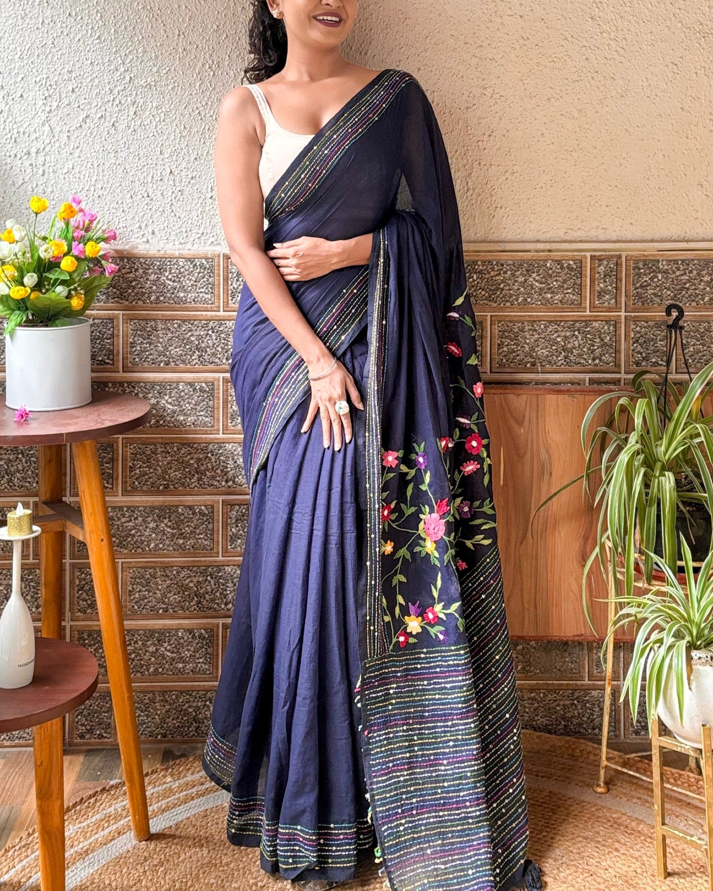 Soft and Comfortable navy mulmul cotton saree with thread work 