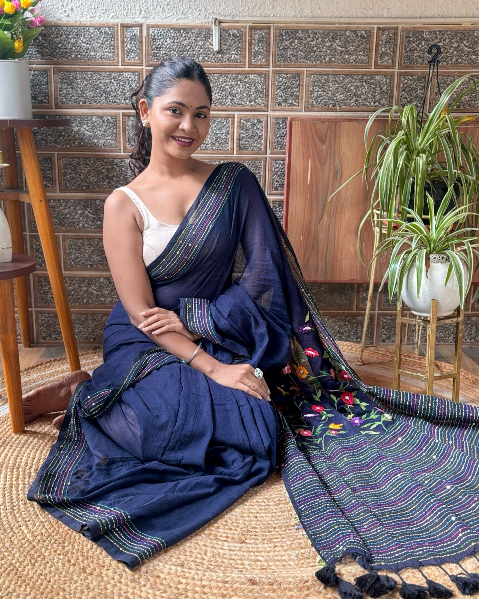 Soft and Comfortable navy mulmul cotton saree with thread work 