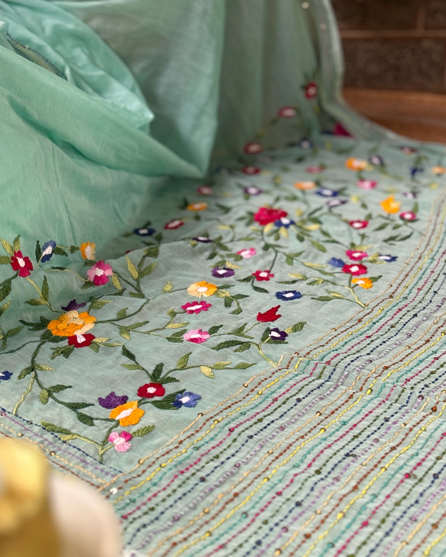 Soft and Comfortable green mulmul cotton saree with thread work 