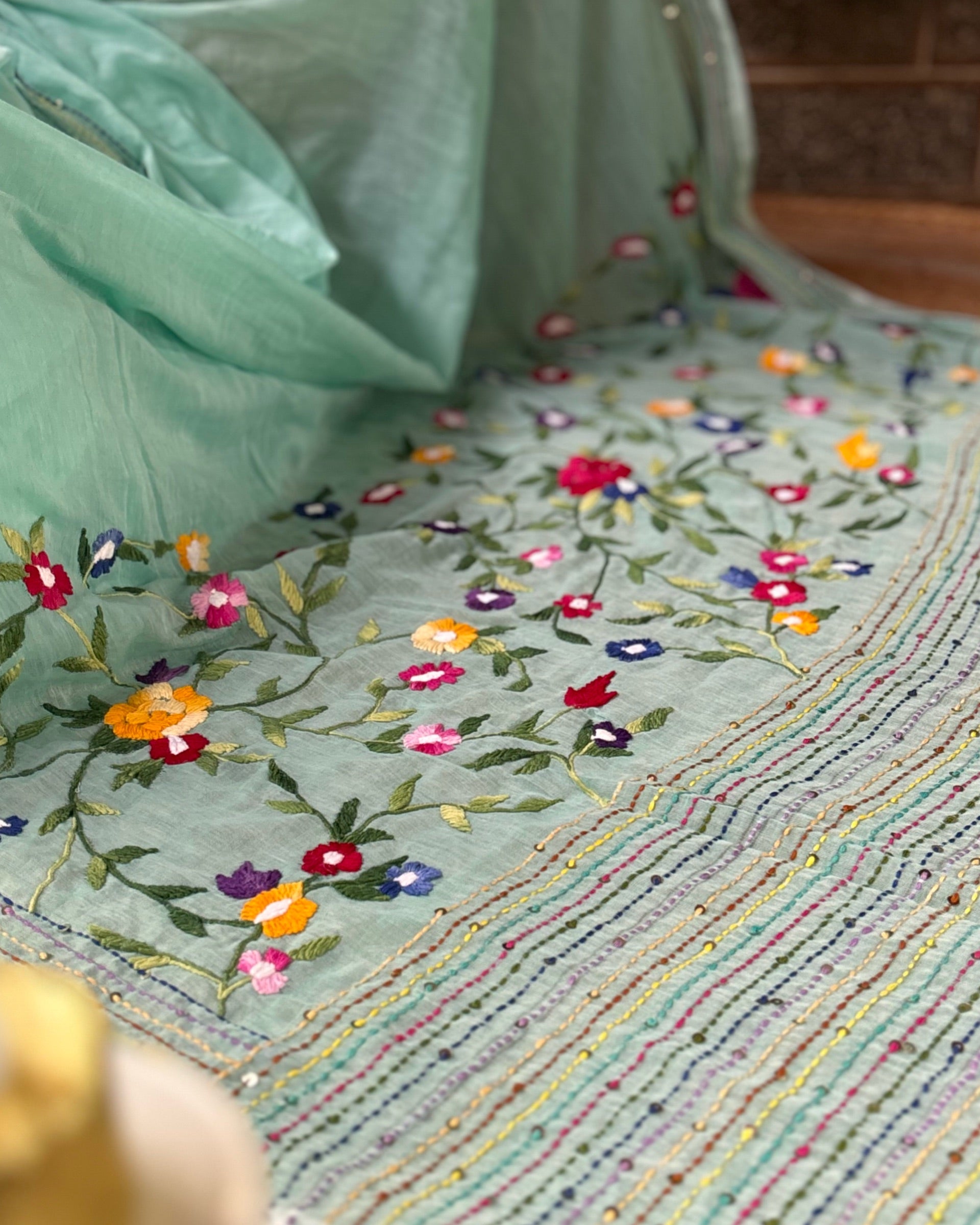 Soft and Comfortable green mulmul cotton saree with thread work 