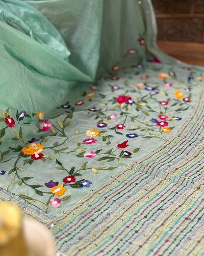 Soft and Comfortable green mulmul cotton saree with thread work 