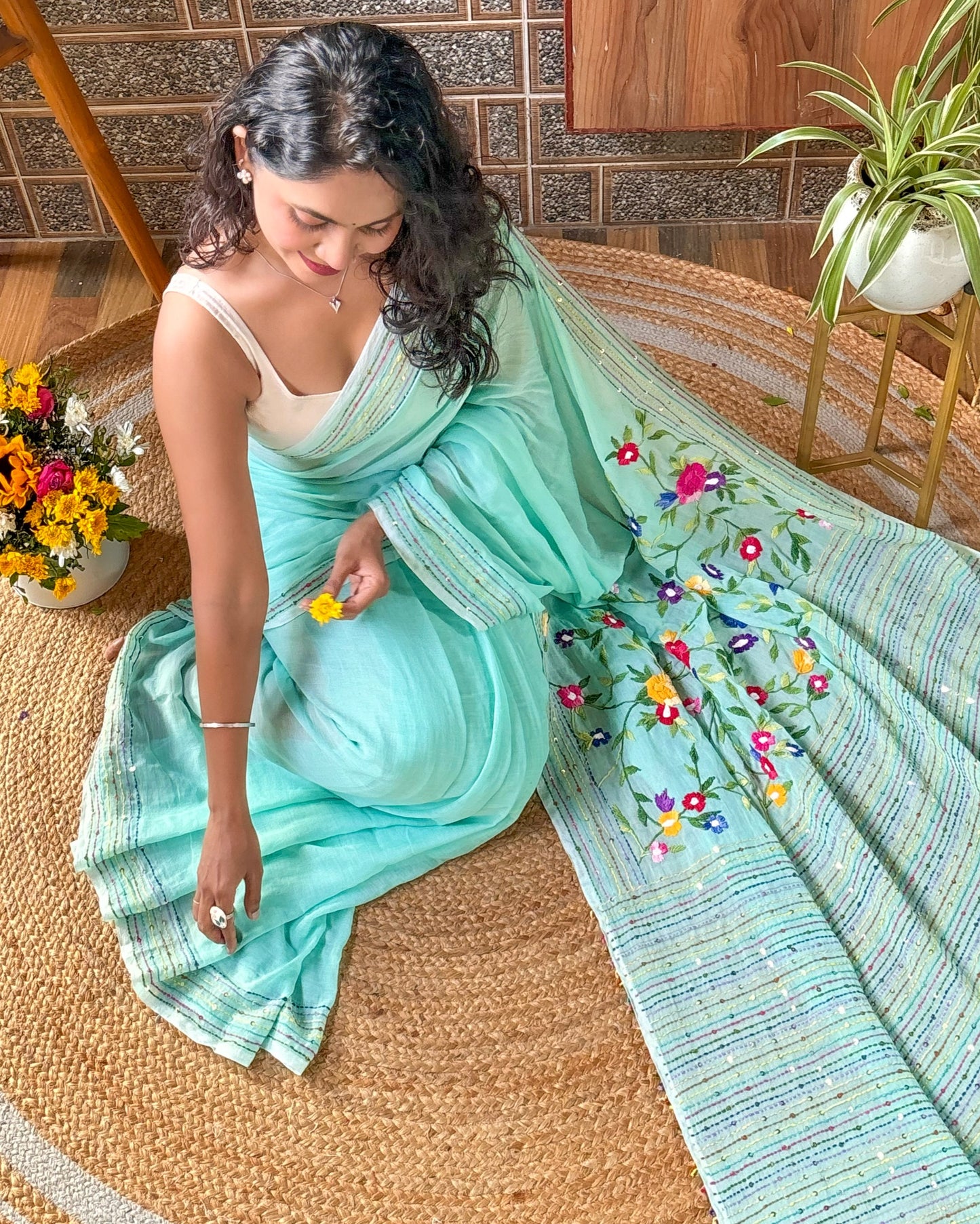 Soft and Comfortable green mulmul cotton saree with thread work 