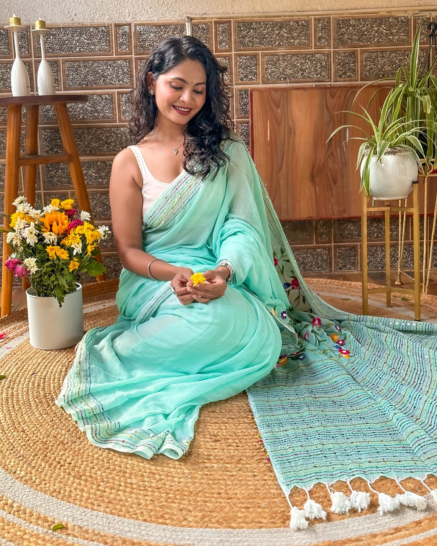 Mist-Mint Gardenia | Green embroidered mulmul saree