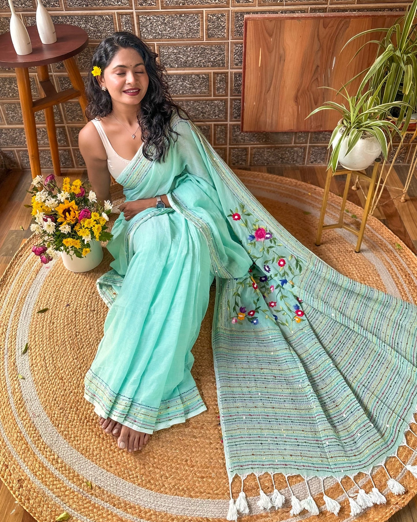 Soft and Comfortable green mulmul cotton saree with thread work 