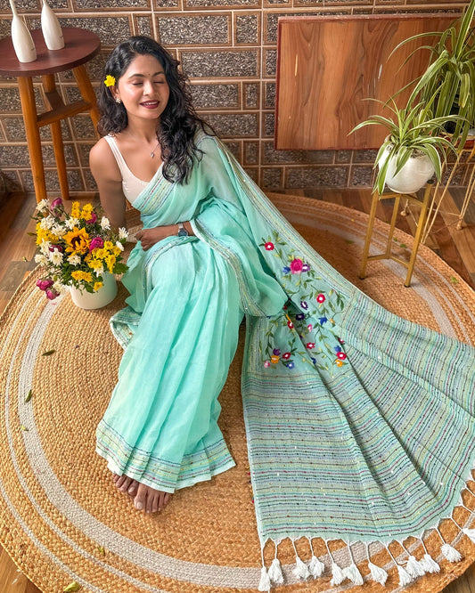 Soft and Comfortable green mulmul cotton saree with thread work 