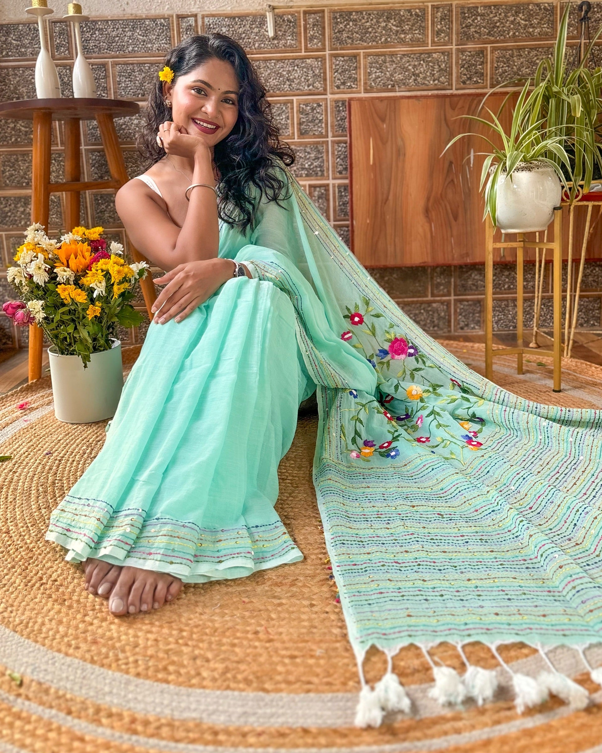 Soft and Comfortable green mulmul cotton saree with thread work 