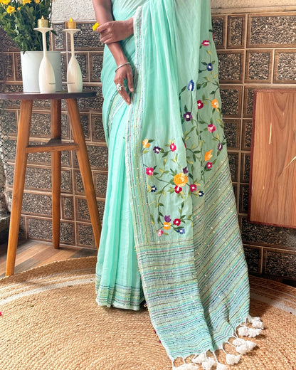 Soft and Comfortable green mulmul cotton saree with thread work 