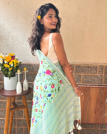 Soft and Comfortable green mulmul cotton saree with thread work 