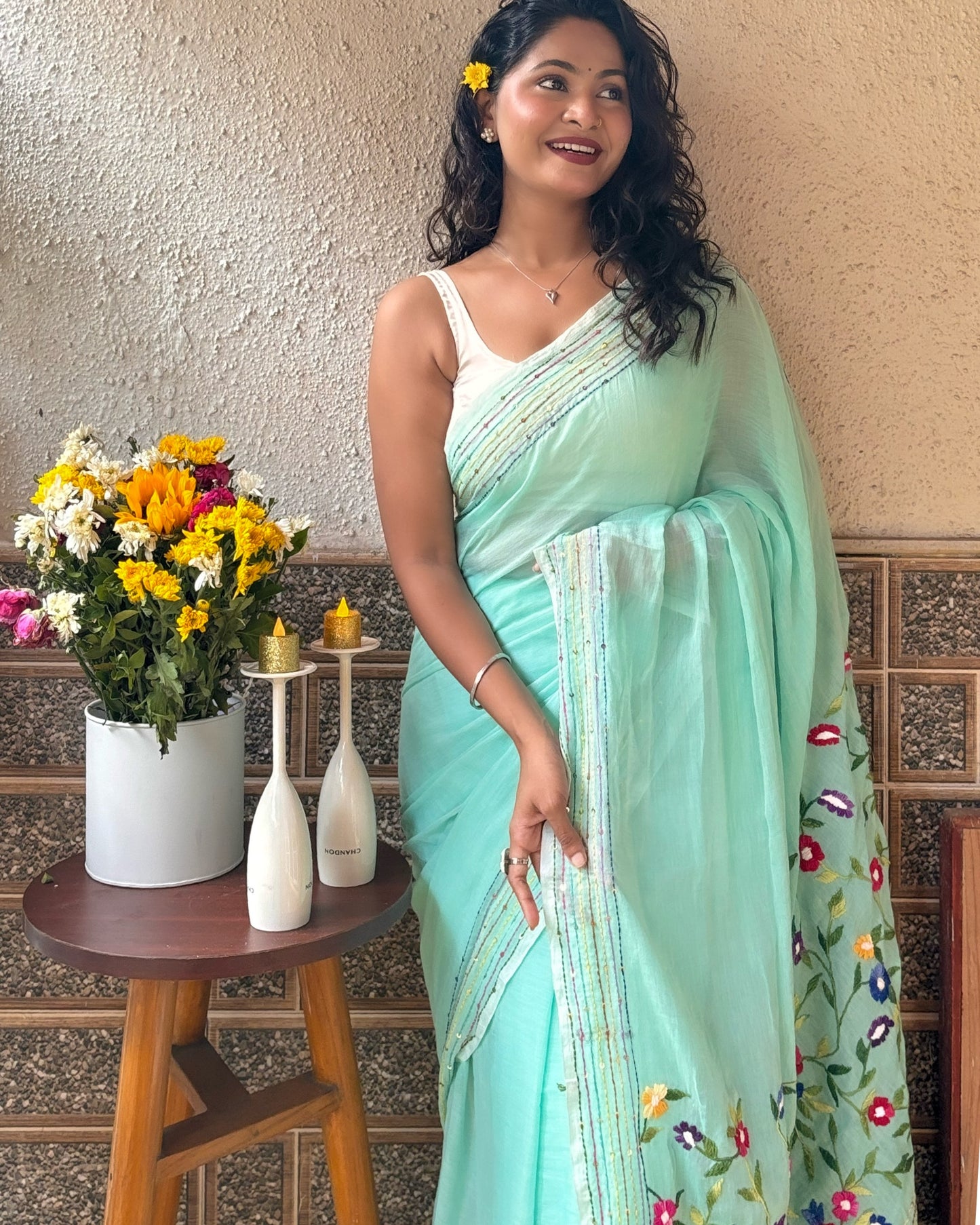 Mist-Mint Gardenia | Green embroidered mulmul saree