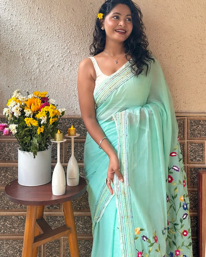 Mist-Mint Gardenia | Green embroidered mulmul saree