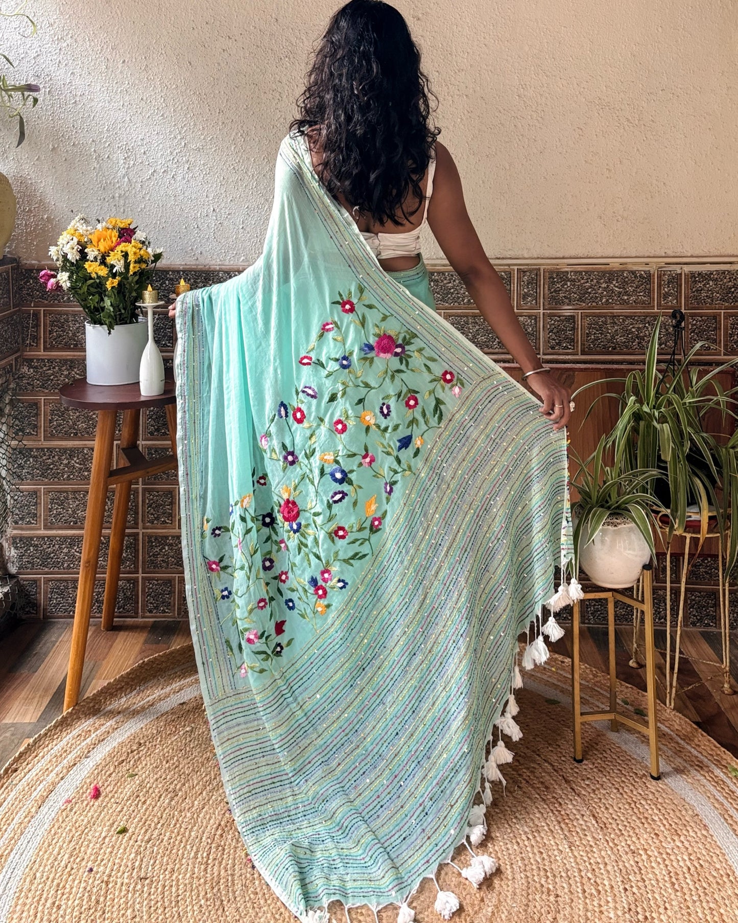 Mist-Mint Gardenia | Green embroidered mulmul saree