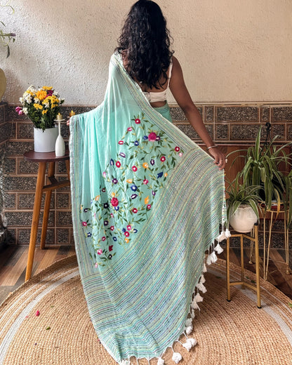 Mist-Mint Gardenia | Green embroidered mulmul saree