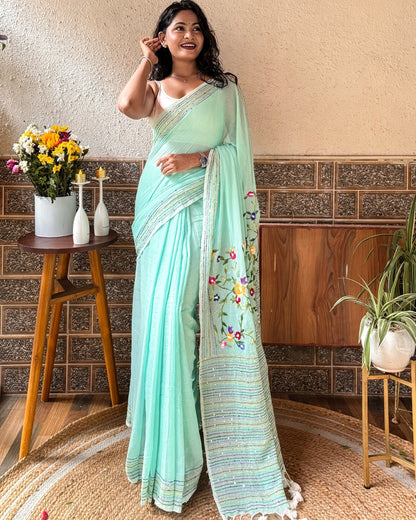 Mist-Mint Gardenia | Green embroidered mulmul saree