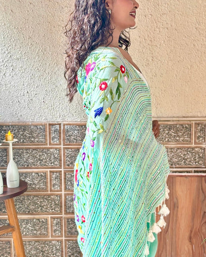 Mist-Mint Gardenia | Green embroidered mulmul saree