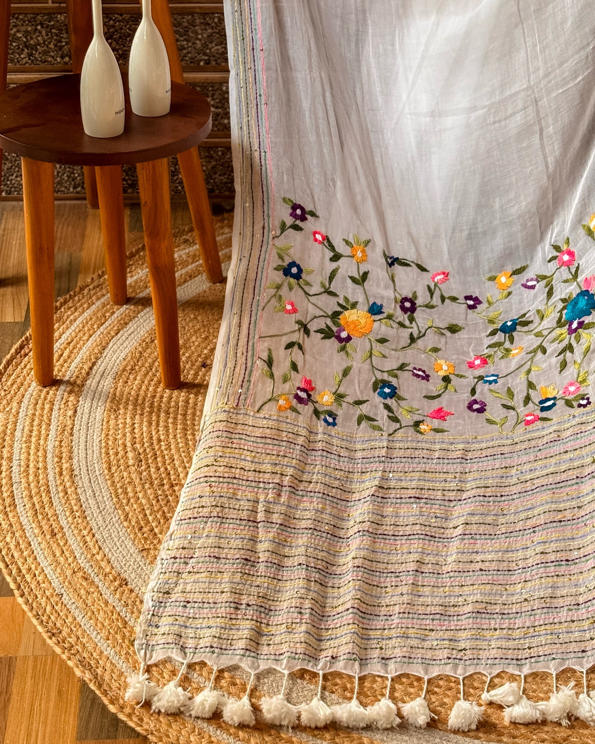 Soft and Comfortable white mulmul cotton saree with thread work 