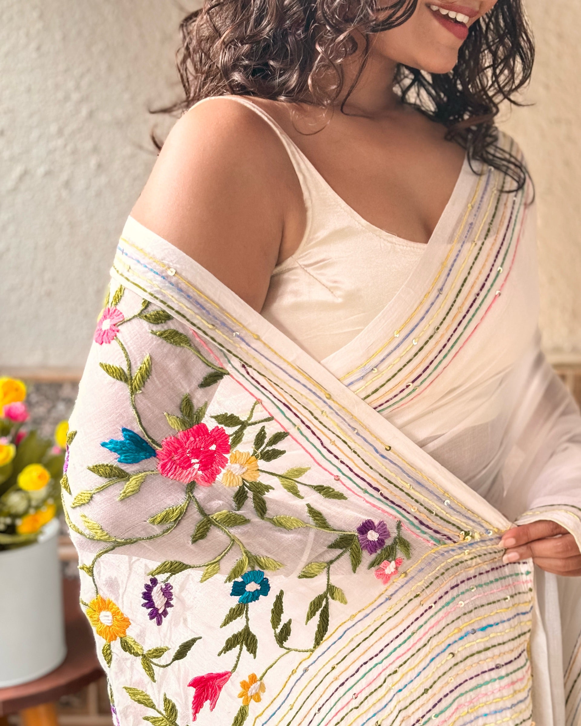 Soft and Comfortable white mulmul cotton saree with thread work 