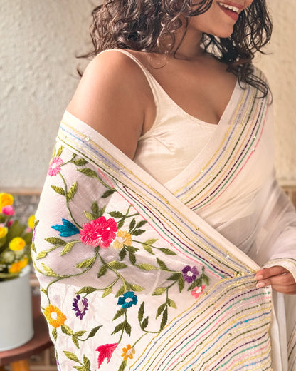 Soft and Comfortable white mulmul cotton saree with thread work 