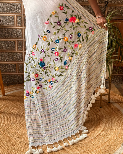 Soft and Comfortable white mulmul cotton saree with thread work 