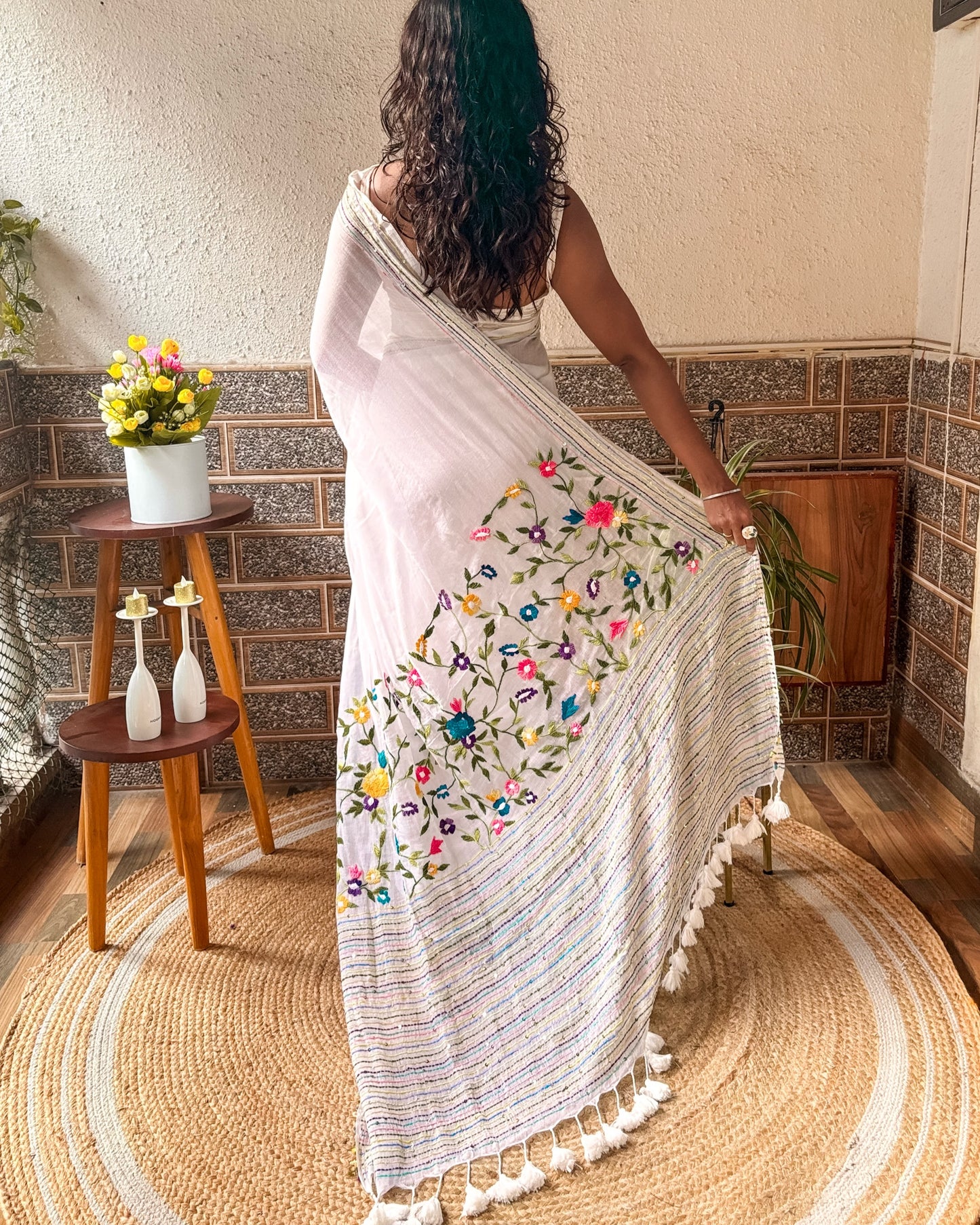 Frosted Floral Muse | White embroidered saree