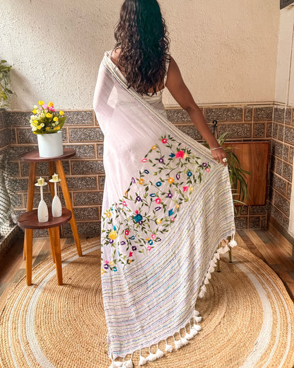 Frosted Floral Muse | White embroidered saree