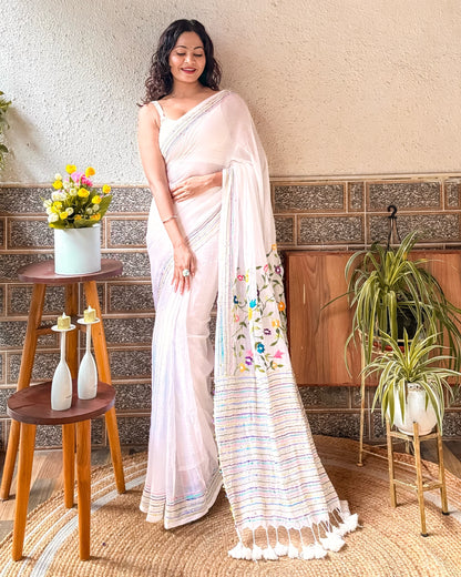 Frosted Floral Muse | White embroidered saree