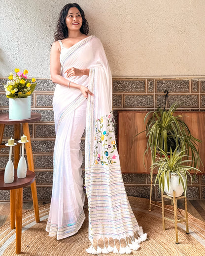 Frosted Floral Muse | White embroidered saree