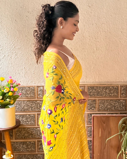 Sunny Marigold Muse | Yellow embroidered mulmul saree