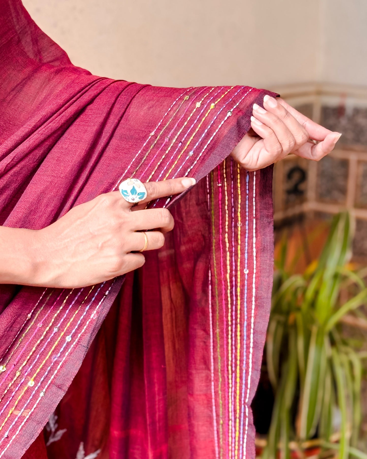 Soft and Comfortable maroon mulmul cotton saree with thread work 