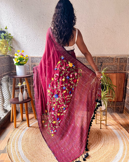 Soft and Comfortable maroon mulmul cotton saree with thread work 