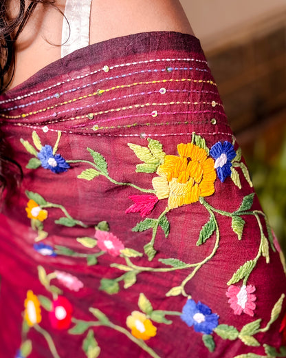 Soft and Comfortable maroon mulmul cotton saree with thread work 
