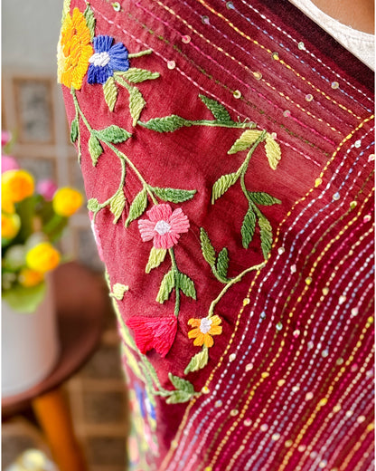 Soft and Comfortable maroon mulmul cotton saree with thread work 