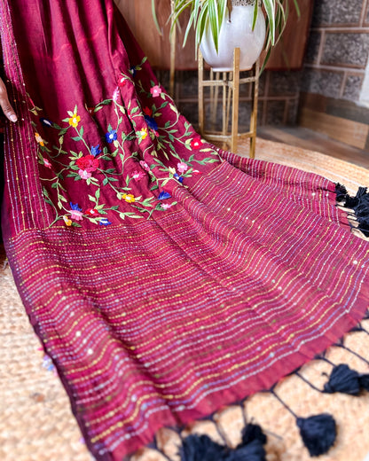 Soft and Comfortable maroon mulmul cotton saree with thread work 