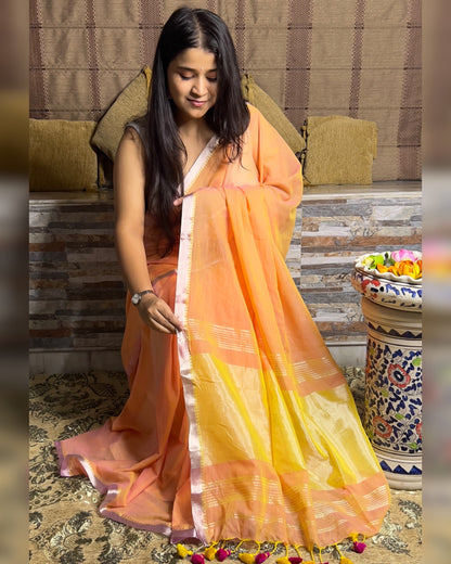 Soft and comfortable dual tone peach mangalgiri handloom cotton saree with zari velvet border and aanchal orange yellow