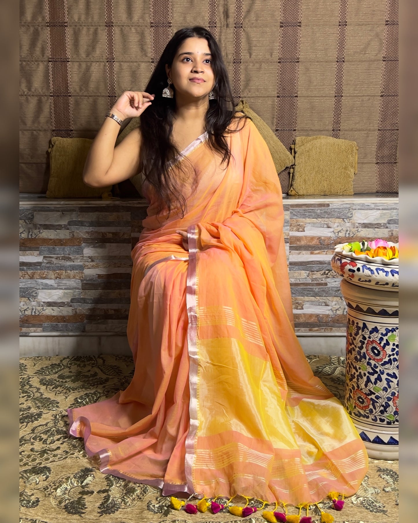 Soft and comfortable dual tone peach mangalgiri handloom cotton saree with zari velvet border and aanchal orange yellow