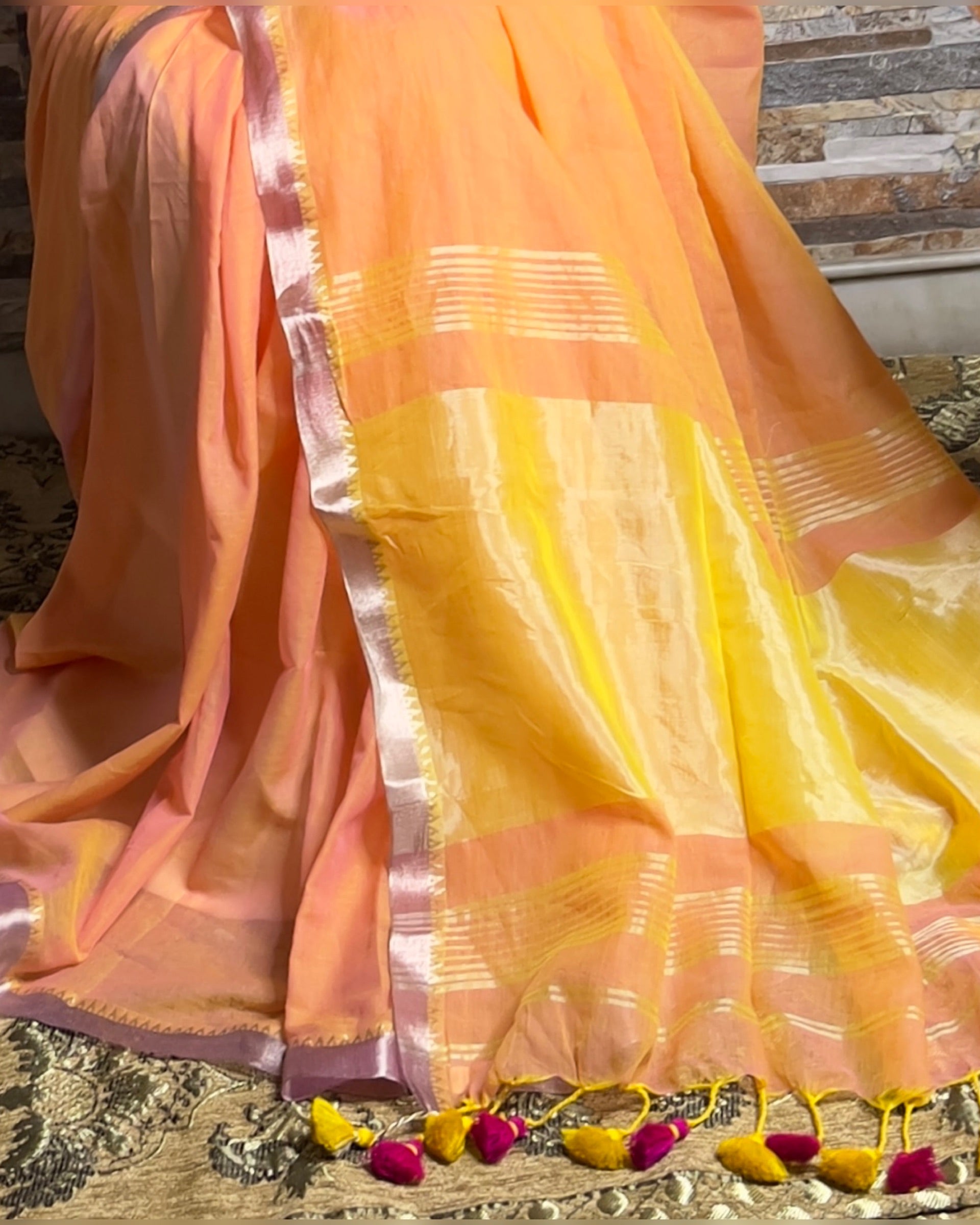 Soft and comfortable dual tone peach mangalgiri handloom cotton saree with zari velvet border and aanchal orange yellow