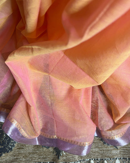 Soft and comfortable dual tone peach mangalgiri handloom cotton saree with zari velvet border and aanchal orange yellow