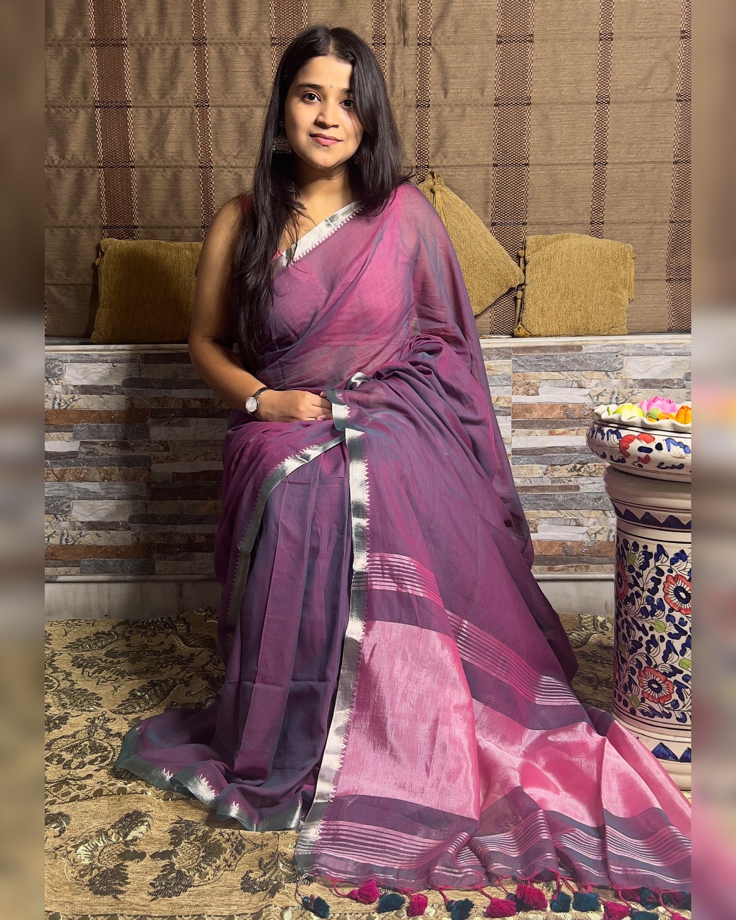 Soft and comfortable dual tone purple pink mangalgiri handloom cotton saree with zari velvet border and aanchal orange yellow