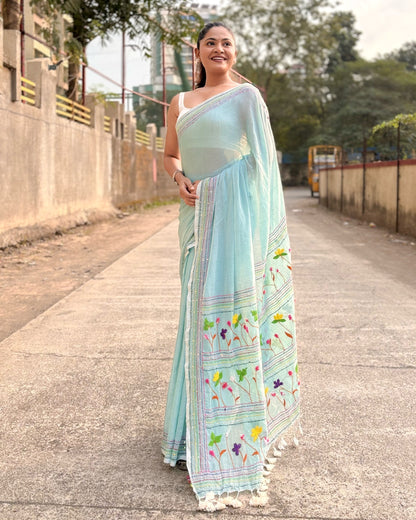 Meadow Mist Muse | Cyan embroidered mulmul saree