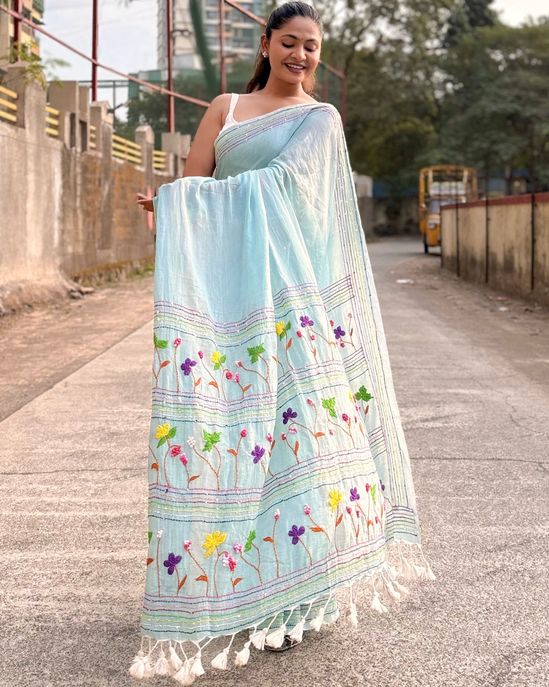 Blue embroidered mulmul cotton saree
