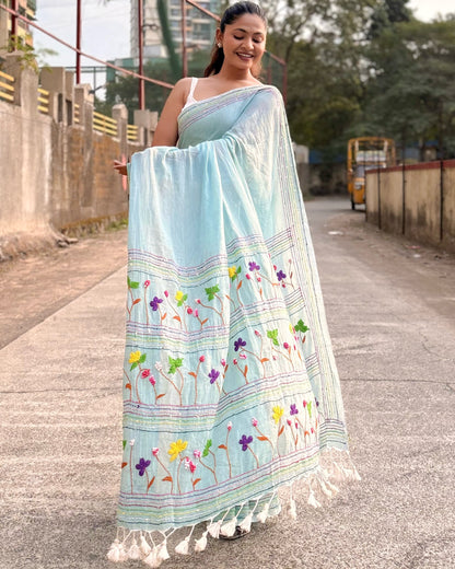 Blue embroidered mulmul cotton saree