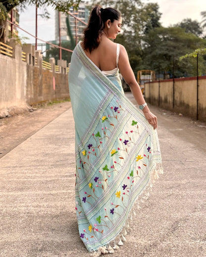 Meadow Mist Muse | Cyan embroidered mulmul saree