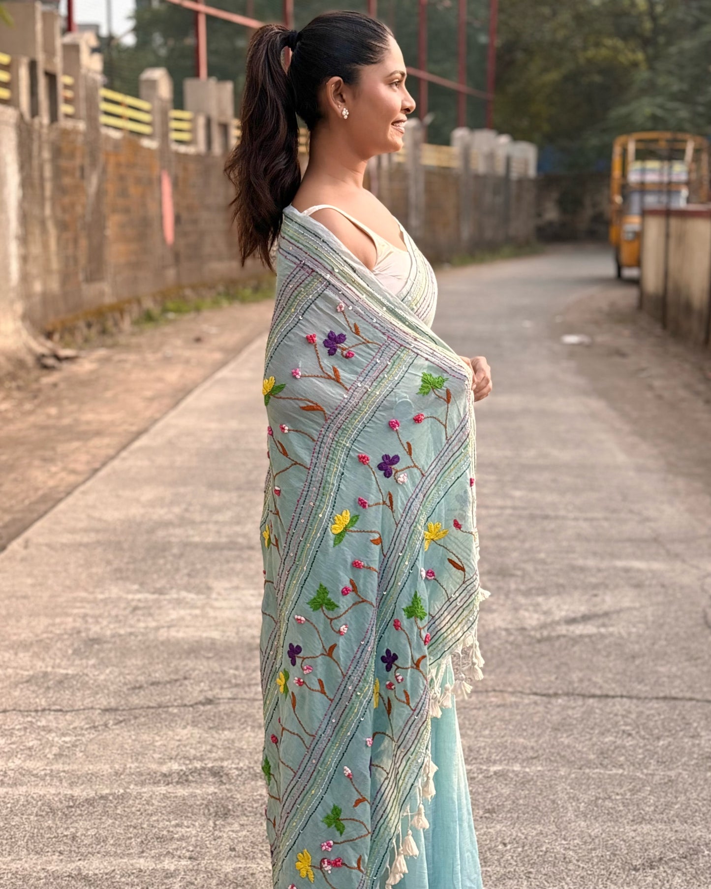 Blue embroidered mulmul cotton saree